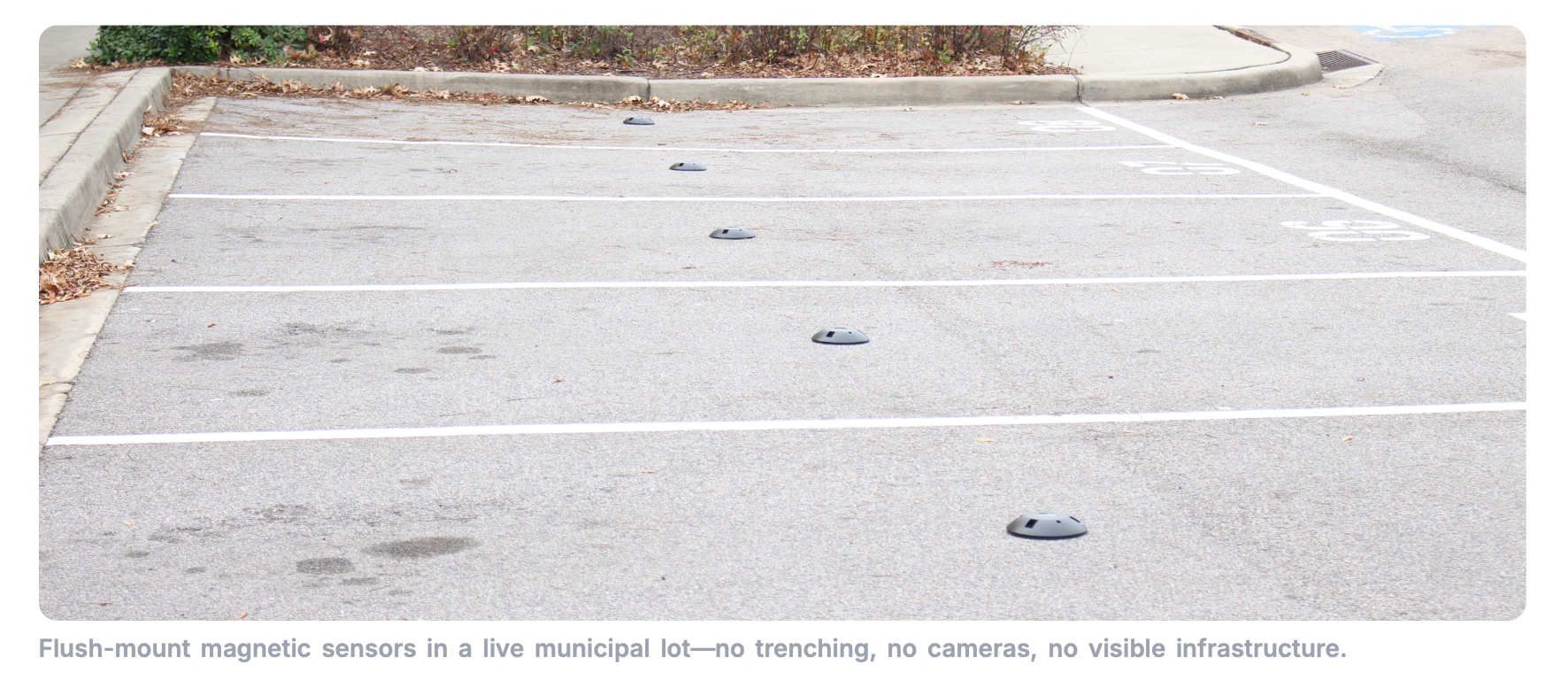 Parkeze flush-mount ground sensors installed in parking spaces